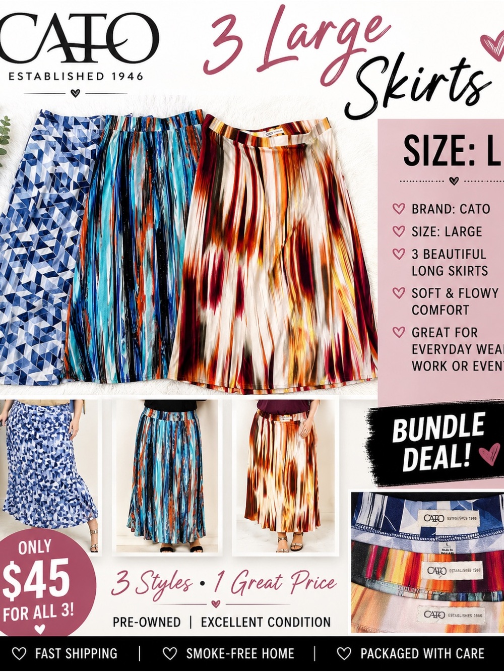 CATO Women’s Long Skirt Bundle (Blue, Teal, Multi) - Size Large